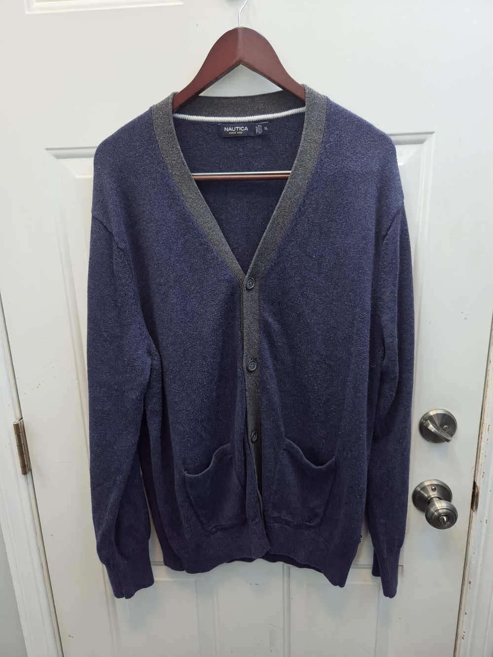 Nautica Men's Navy V-Neck Cardigan with Gray Trim